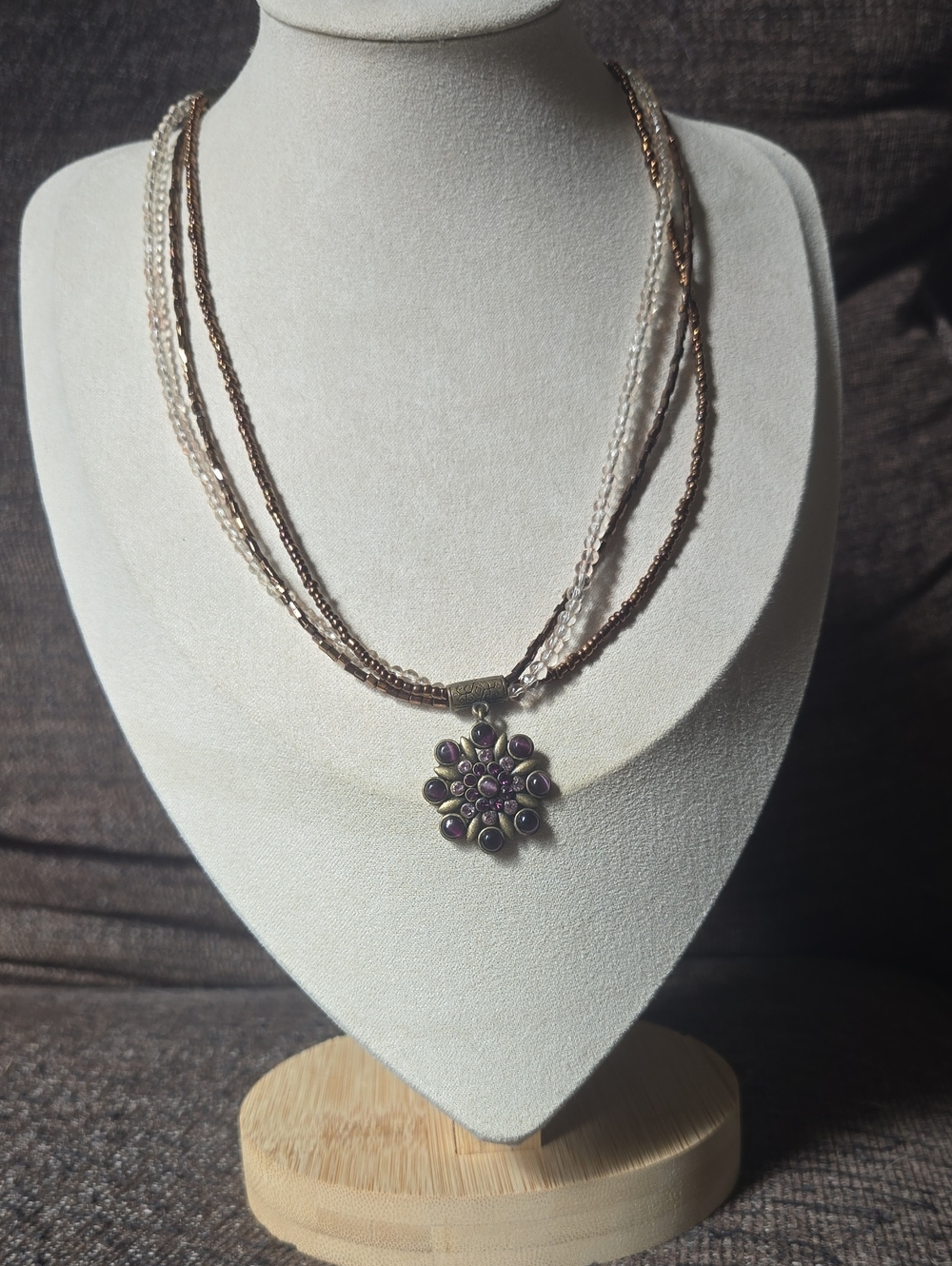 Vintage Lia Sophoa Multi-Strand Bead Necklace with Purple Cat Eye Floral Pendant